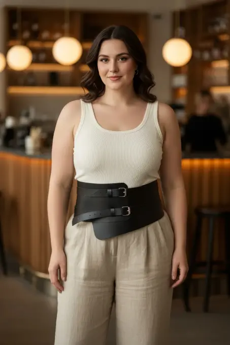 Büyük Beden Siyah Kadın Deri Korsaj Kemer Çift Tokalı Bel Vurgulayan - APFT617 - 1