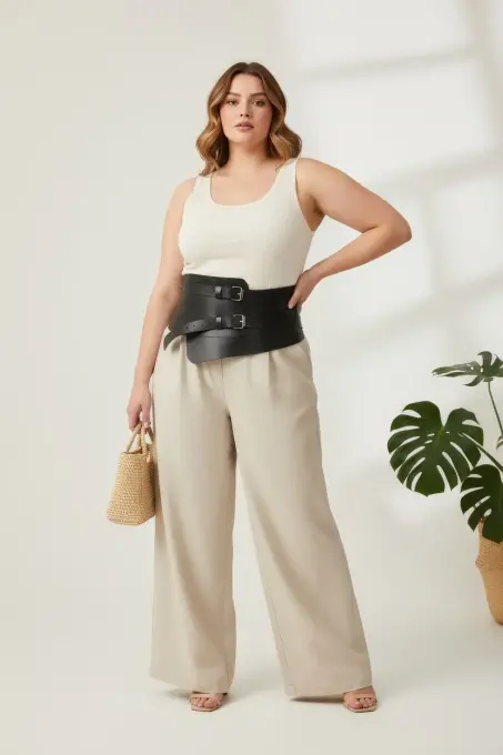 Büyük Beden Siyah Kadın Deri Korsaj Kemer Çift Tokalı Bel Vurgulayan - APFT617 - 2