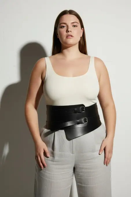 Büyük Beden Siyah Kadın Deri Korsaj Kemer Çift Tokalı Bel Vurgulayan - APFT617 - 5