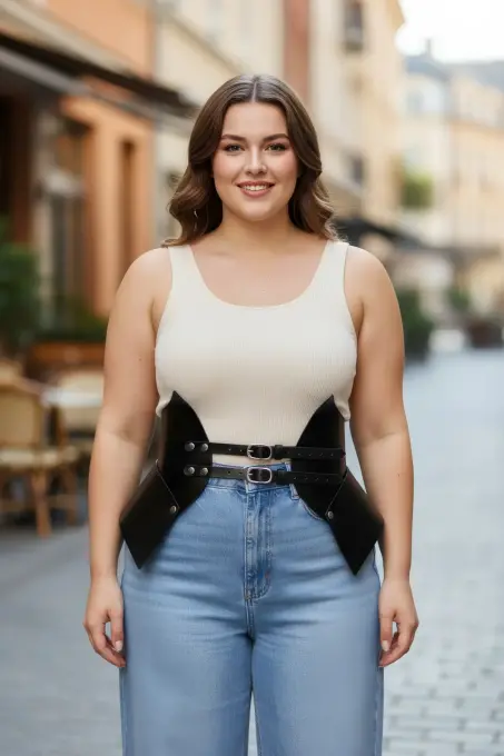 Büyük Beden Siyah Kadın Deri Korse Kemer Kombin Tamamlayıcı - APFT1010 - 1