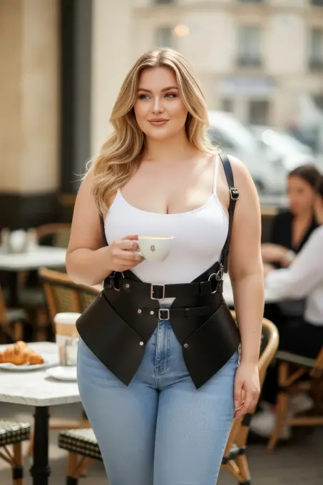 Büyük Beden Siyah Kadın Deri Korse Kemer Omuz Askılı Bel Şekillendirici - APFT616 - 1