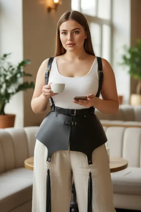 Büyük Beden Siyah Kadın Deri Korse Kemer, Omuz Askılı ve Püskül Detaylı - APFT787 - 1