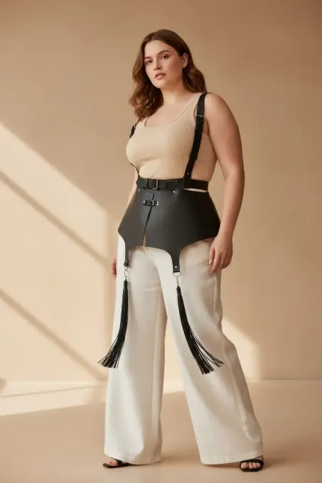 Büyük Beden Siyah Kadın Deri Korse Kemer, Omuz Askılı ve Püskül Detaylı - APFT787 - 2