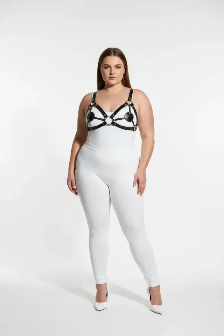 Büyük Beden Siyah Kadın Deri Sütyen Harness Takım Halkalı Detaylı Fantezi Aksesuar - APFT112 - 4