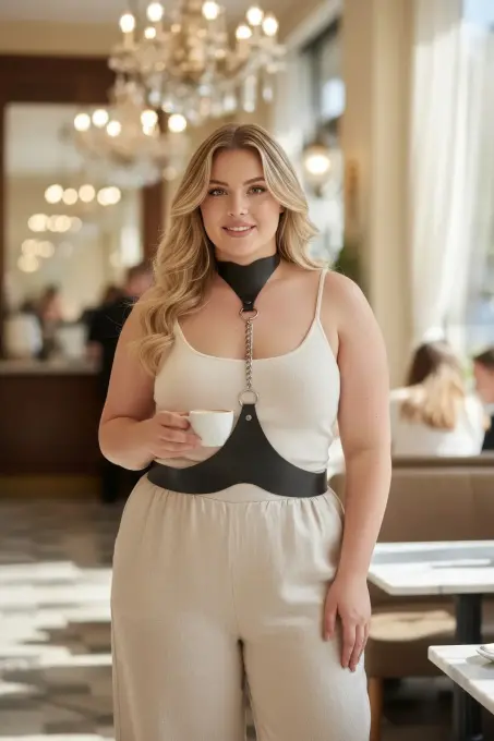 Büyük Beden Siyah Kadın Deri Vücut Kemeri Zincir Detaylı Kombin Aksesuarı - APFT1265 - 1