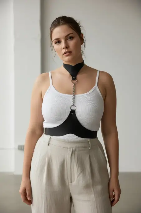 Büyük Beden Siyah Kadın Deri Vücut Kemeri Zincir Detaylı Kombin Aksesuarı - APFT1265 - 3