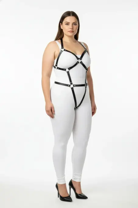 Büyük Beden Siyah Kadın Full Body Deri Harness Takım Halka Detaylı Fantazi Aksesuar - APFT759 - 2