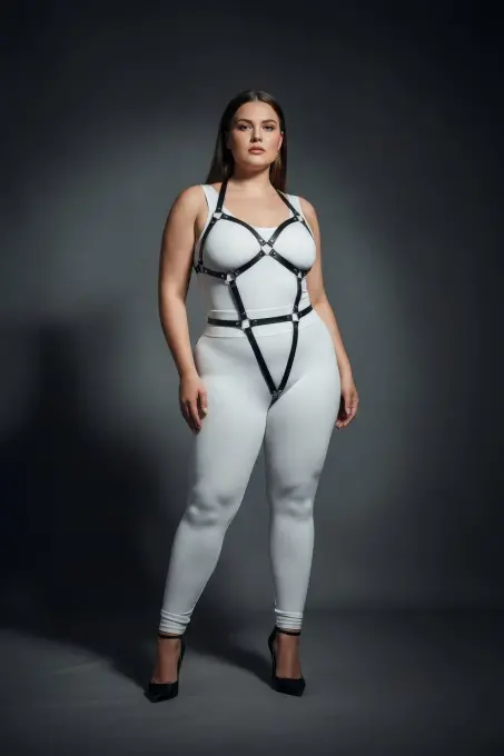 Büyük Beden Siyah Kadın Full Body Deri Harness Takım Halka Detaylı Fantazi Aksesuar - APFT759 - 4