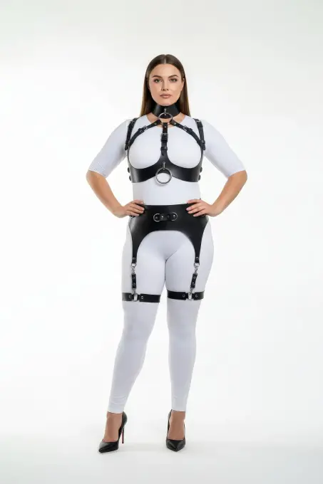 Büyük Beden Siyah Kadın Full Body Deri Harness Takım Jartiyer Detaylı Özel Tasarım - APFT1231 - 1