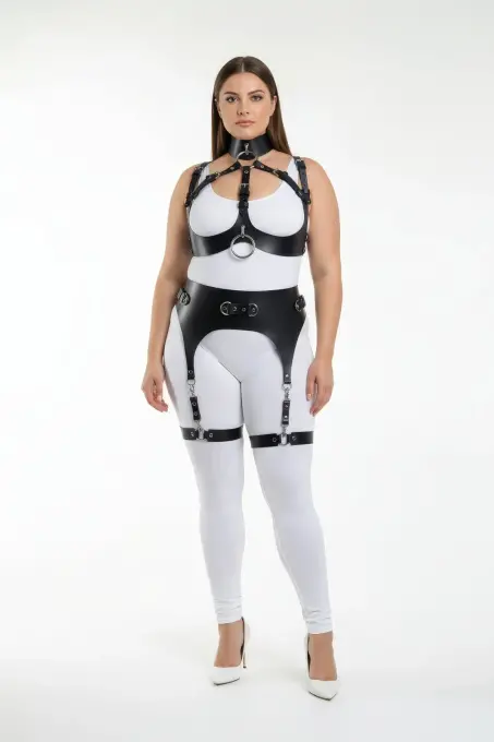 Büyük Beden Siyah Kadın Full Body Deri Harness Takım Jartiyer Detaylı Özel Tasarım - APFT1231 - 2