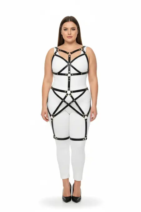 Büyük Beden Siyah Kadın Full Body Deri Harness Takım Metal Detaylı Vücut Aksesuarı - APFT894 - 1