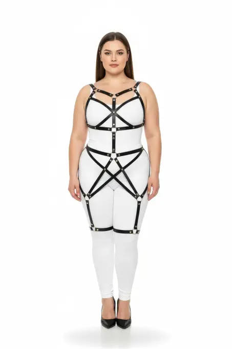 Büyük Beden Siyah Kadın Full Body Deri Harness Takım Metal Detaylı Vücut Aksesuarı - APFT894 - 2