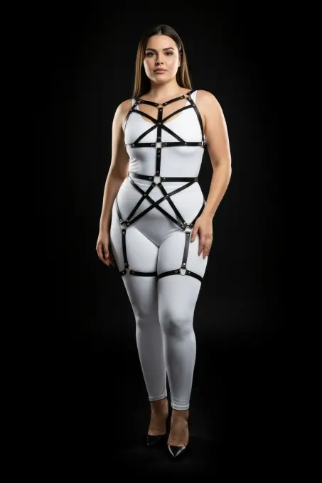 Büyük Beden Siyah Kadın Full Body Deri Harness Takım Metal Detaylı Vücut Aksesuarı - APFT894 - 3