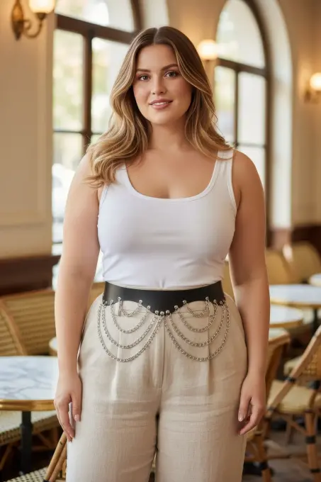 Büyük Beden Siyah Kadın Geniş Deri Kemer Zincir Detaylı - APFT1096 - 1