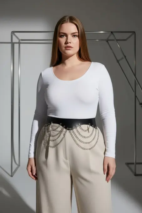 Büyük Beden Siyah Kadın Geniş Deri Kemer Zincir Detaylı - APFT1096 - 2