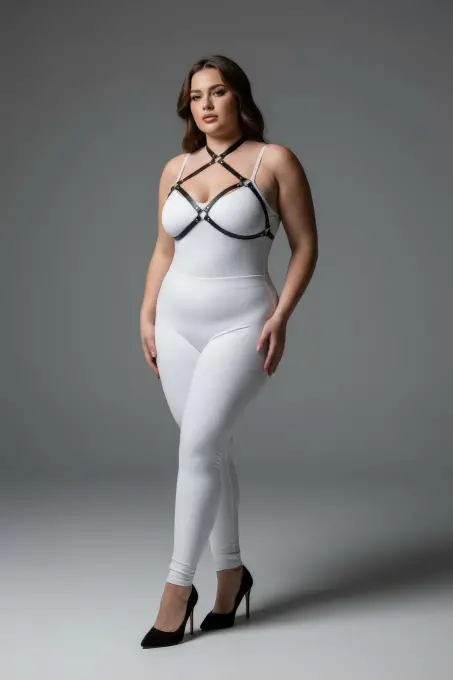 Büyük Beden Siyah Kadın Harness Halka Detaylı Deri Göğüs Aksesuarı - APFT263 - 3