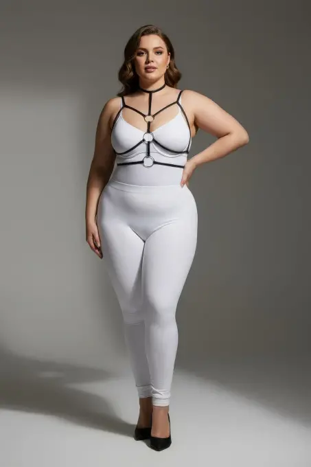 Büyük Beden Siyah Kadın Harness Halka ve Boyunluk Detaylı Lastik Aksesuar - APFT184 - 1