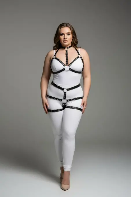 Büyük Beden Siyah Kadın Harness Takım Ayarlanabilir Deri Görünümlü Vücut Aksesuarı - APFT874 - 1