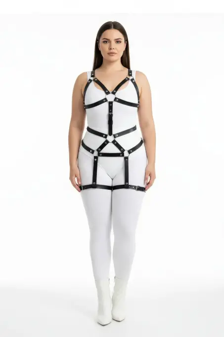 Büyük Beden Siyah Kadın Harness Takım Deri Body Fantezi Aksesuar - APFT750 - 2