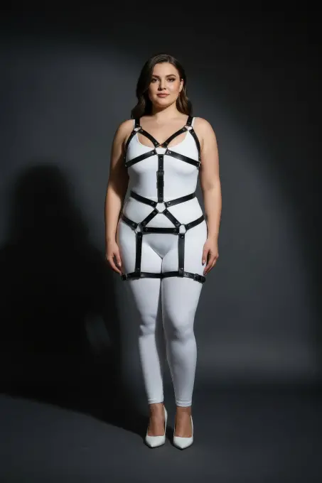 Büyük Beden Siyah Kadın Harness Takım Deri Body Fantezi Aksesuar - APFT750 - 4