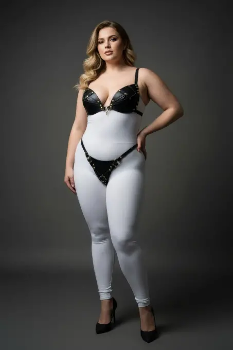 Büyük Beden Siyah Kadın Harness Takım Deri Görünümlü Halka Detaylı Fantezi Aksesuar - APFT1391 - 1