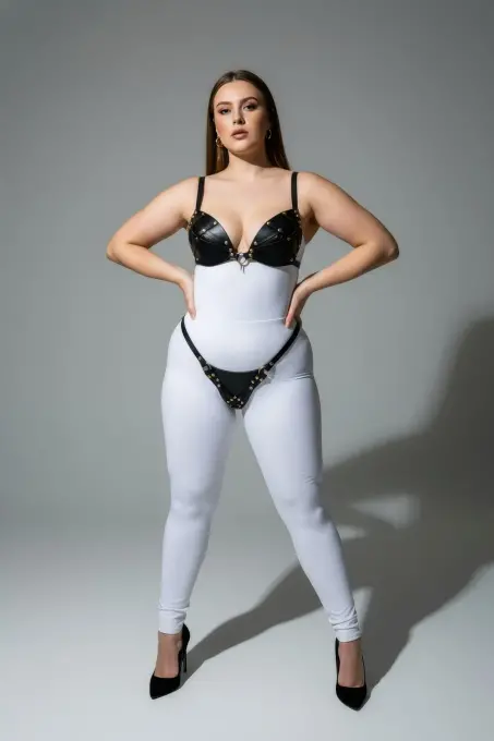 Büyük Beden Siyah Kadın Harness Takım Deri Görünümlü Halka Detaylı Fantezi Aksesuar - APFT1391 - 3