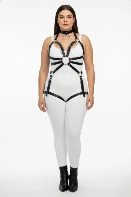 Büyük Beden Siyah Kadın Harness Takım Full Body Deri Şık Tasarım - APFT781 - 2