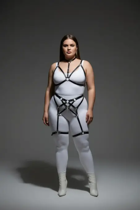 Büyük Beden Siyah Kadın Harness Takım Full Body Halka Detaylı Vücut Aksesuarı - APFT507 - 4