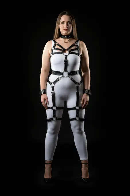 Büyük Beden Siyah Kadın Harness Takım Full Body Jartiyerli Deri Aksesuar - APFT1267 - 3