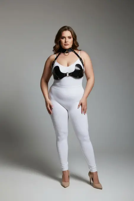 Büyük Beden Siyah Kadın Harness Takım Göğüs ve Choker Detaylı Seksi Deri - APFT1226 - 1