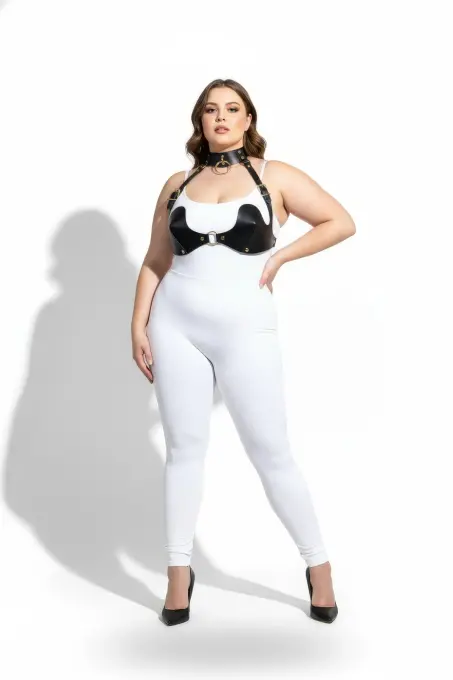 Büyük Beden Siyah Kadın Harness Takım Göğüs ve Choker Detaylı Seksi Deri - APFT1226 - 2