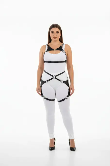 Büyük Beden Siyah Kadın Harness Takım Halka Detaylı Deri Fantezi Giyim - APFT1253 - 1