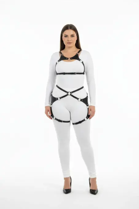 Büyük Beden Siyah Kadın Harness Takım Halka Detaylı Deri Fantezi Giyim - APFT1253 - 2