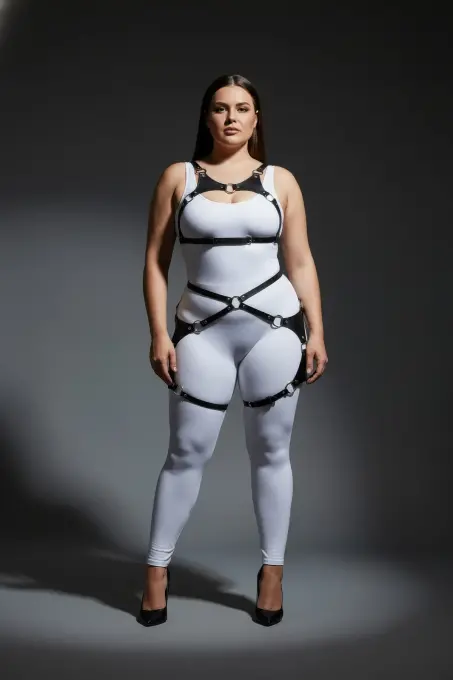 Büyük Beden Siyah Kadın Harness Takım Halka Detaylı Deri Fantezi Giyim - APFT1253 - 3