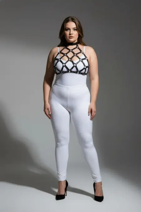 Büyük Beden Siyah Kadın Harness Takım Halka Detaylı Fantazi Deri Göğüs Aksesuarı - APFT443 - 1