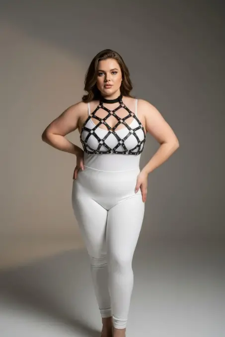 Büyük Beden Siyah Kadın Harness Takım Halka Detaylı Fantazi Deri Göğüs Aksesuarı - APFT443 - 2