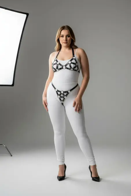 Büyük Beden Siyah Kadın Harness Takım Halka Detaylı Seksi Deri Fantezi Aksesuar - APFT422 - 1