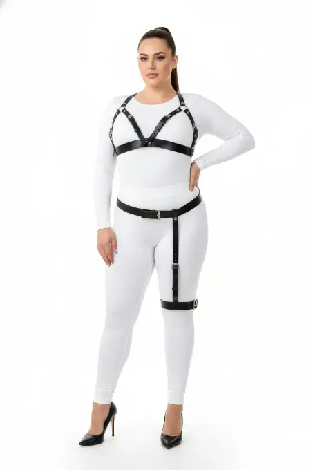 Büyük Beden Siyah Kadın Harness Takım Jartiyer Kemerli Şık Deri Aksesuar - APFT863 - 1