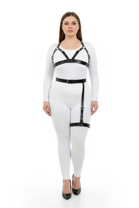 Büyük Beden Siyah Kadın Harness Takım Jartiyer Kemerli Şık Deri Aksesuar - APFT863 - 2