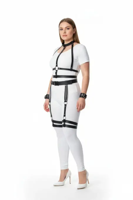 Büyük Beden Siyah Kadın Harness Takım Jartiyerli Deri Vücut Aksesuarı - APFT697 - 1