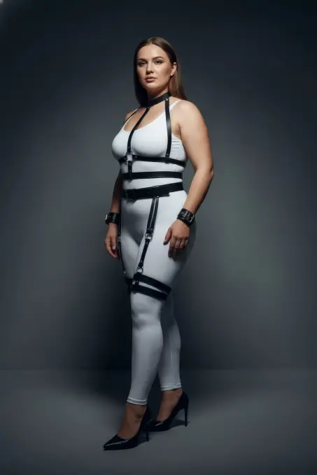 Büyük Beden Siyah Kadın Harness Takım Jartiyerli Deri Vücut Aksesuarı - APFT697 - 4