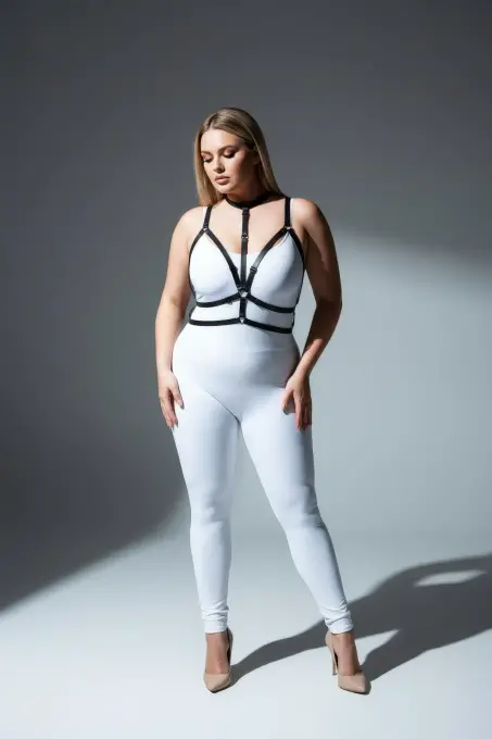 Büyük Beden Siyah Kadın Harness Takım Lastik Halka Detaylı Fantezi Aksesuar - APFT137 - 3