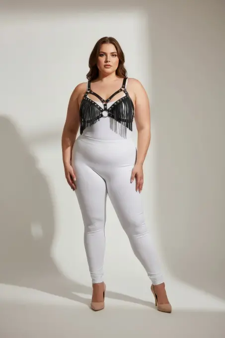 Büyük Beden Siyah Kadın Harness Takım Püskül Detaylı Deri Sütyen Aksesuarı - APFT418 - 1