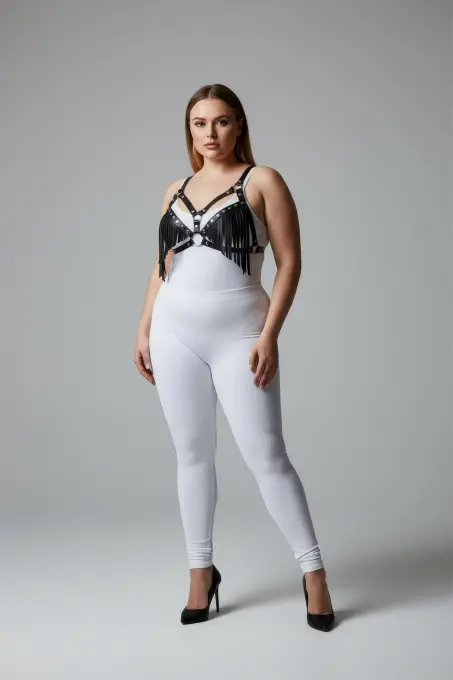 Büyük Beden Siyah Kadın Harness Takım Püskül Detaylı Deri Sütyen Aksesuarı - APFT418 - 3