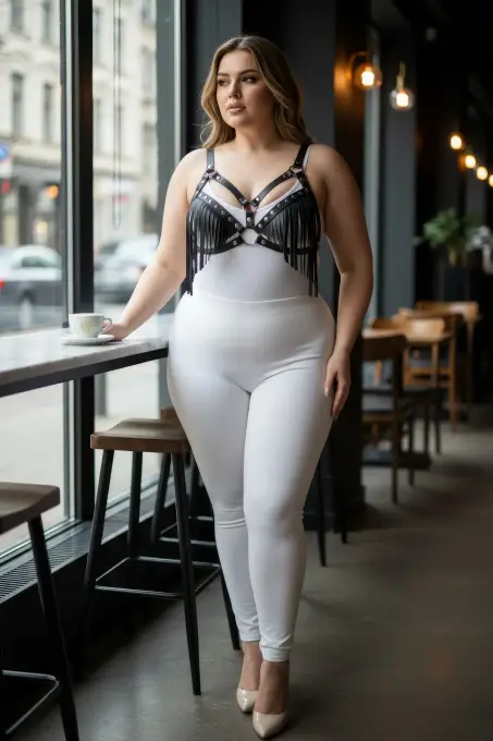 Büyük Beden Siyah Kadın Harness Takım Püskül Detaylı Deri Sütyen Aksesuarı - APFT418 - 5