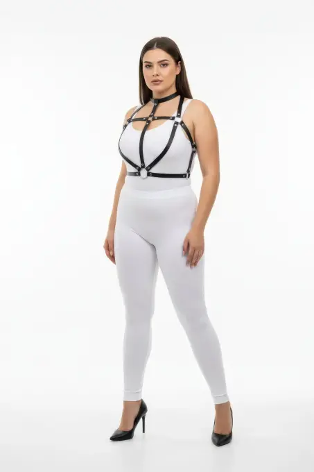 Büyük Beden Siyah Kadın Harness Takım Seksi Deri Halka Detaylı - APFT434 - 2