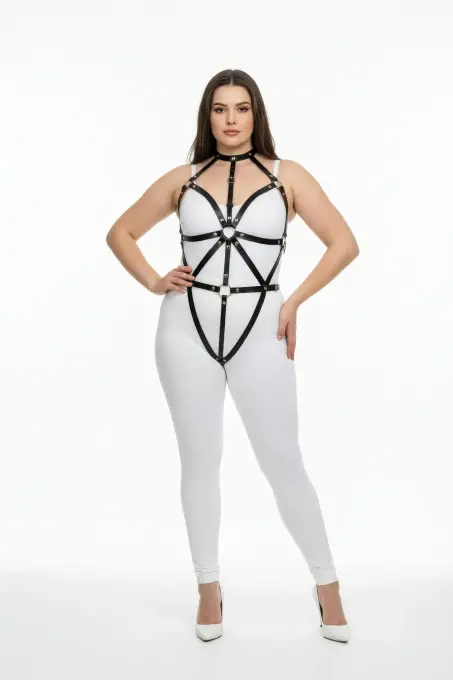 Büyük Beden Siyah Kadın Harness Takım Vücudu Saran Halka Detaylı Deri - APFT243 - 1