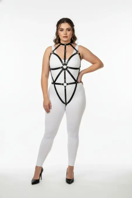 Büyük Beden Siyah Kadın Harness Takım Vücudu Saran Halka Detaylı Deri - APFT243 - Angels Passion (1)