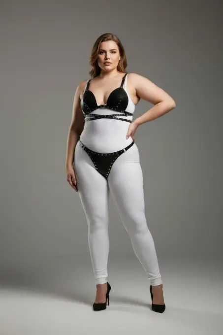 Büyük Beden Siyah Kadın Harness Takım Zımba Detaylı Deri Fantazi - APFT849 - 2