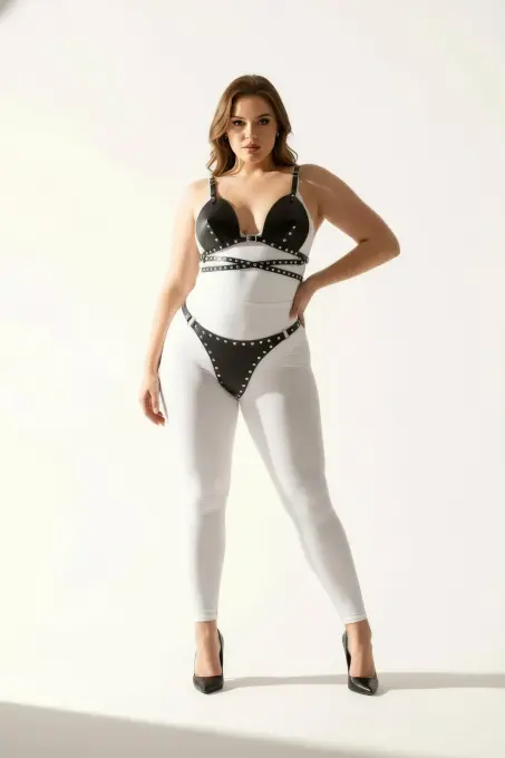 Büyük Beden Siyah Kadın Harness Takım Zımba Detaylı Deri Fantazi - APFT849 - 4